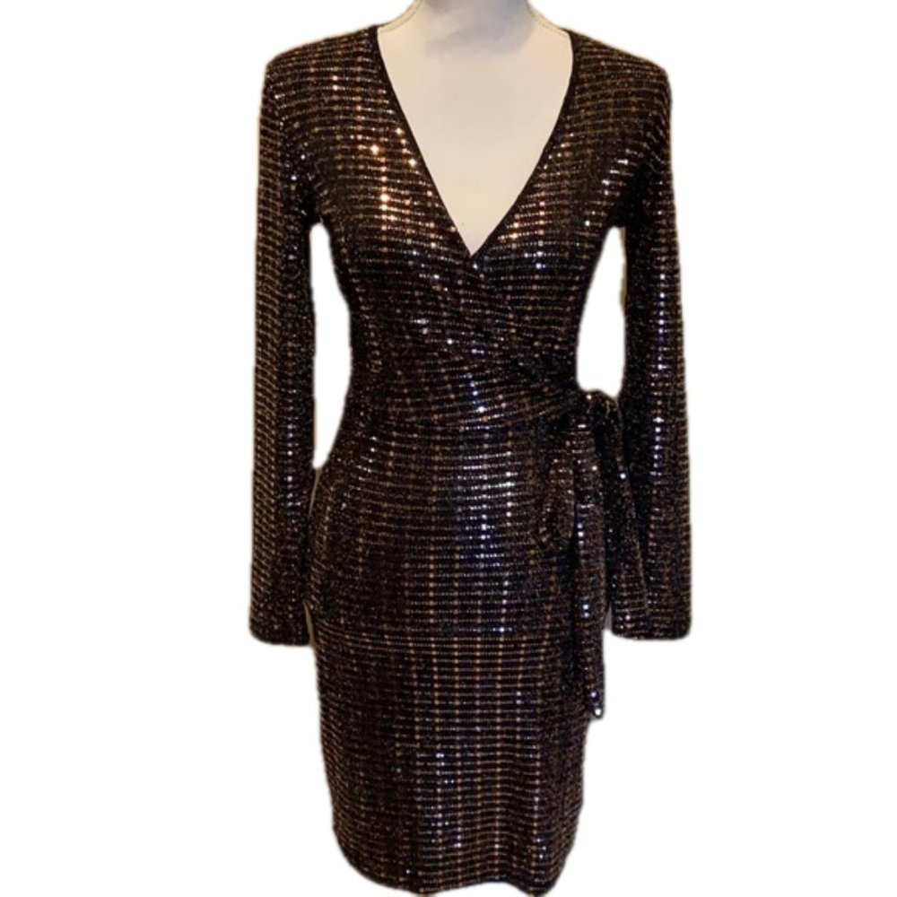 Apricot Bodycon Sequin Dress Wrap Deep V-Neck NWT